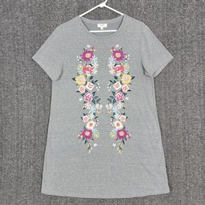 Umgee T-Shirt Dress Womens Medium Gray Floral Embroidered Mini Short Sleeve